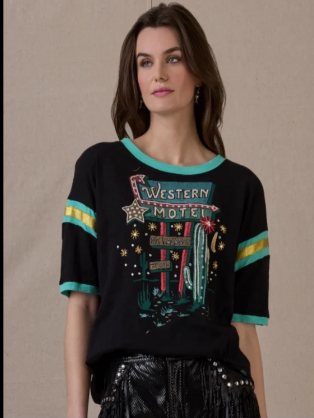 Double D Ranch The Western Motel Top embroidered retro hotel RTL $225 XS NWT